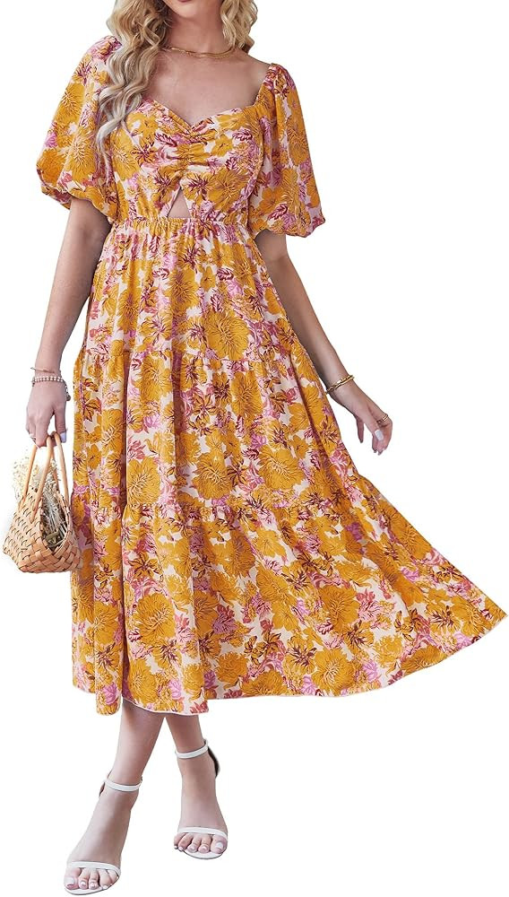 BTFBM Women Summer Dresses 2025 Casual Flowy Beach Square Neck Puff Short Sleeve Smocked Back Boh... | Amazon (US)