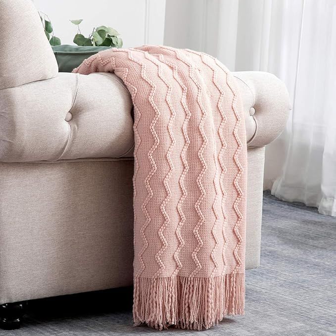 BRSnugU Textured Knitted Throw Blanket Solid Cozy Striped Weave Bed Throws with Tassels for Couch... | Amazon (US)