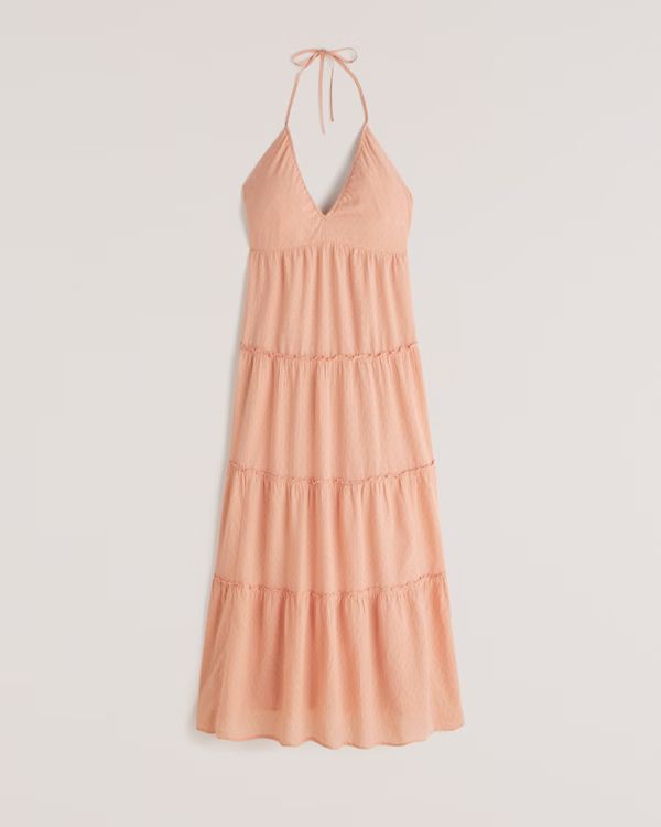 Low-Cut Halter Tiered Maxi Dress | Abercrombie & Fitch (UK)