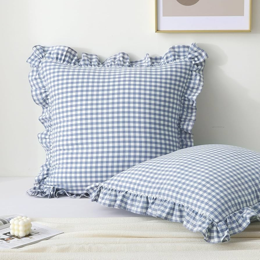 2 Pack Dust Blue White Plaid Ruffle Euro Throw Pillow Covers, 100% Cotton Gingham Checkered Farmh... | Amazon (US)
