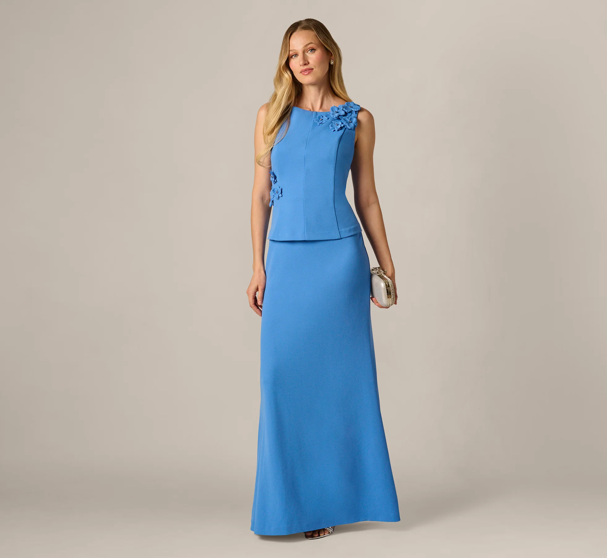 3D Floral Peplum Stretch Mermaid Gown In Cool Water | Adrianna Papell