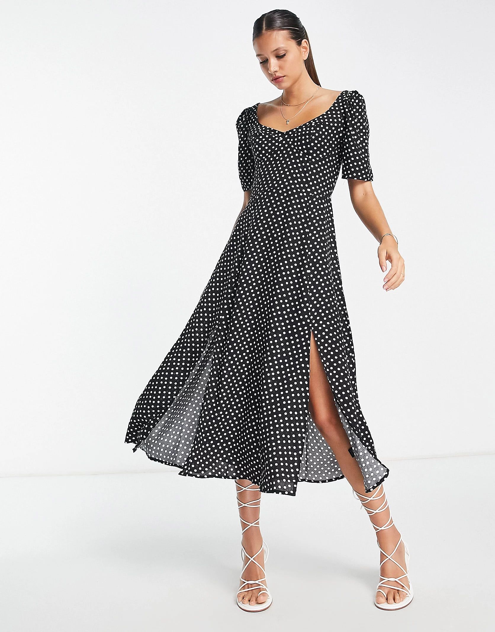 ASOS DESIGN cupped midi dress with splits in spot print | ASOS (Global)