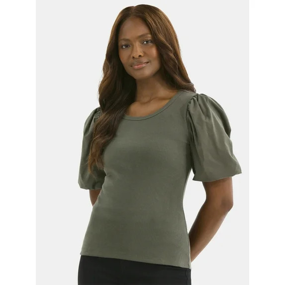 Time and Tru Women's Mixed Media Top with Puff Sleeves, Sizes XS-XXXL - Walmart.com | Walmart (US)