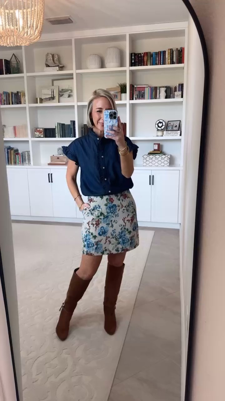 Walmart - more new fall arrivals. High-Rise Jacquard Mini Skirt - size 0. $28. * Ruffle Neck Cotton Button Shirt - size XS. $26. 2 colors. * Tall Boots - mine are old, but I linked a few similar brands.

#LTKOver40 #LTKSeasonal #LTKPetite