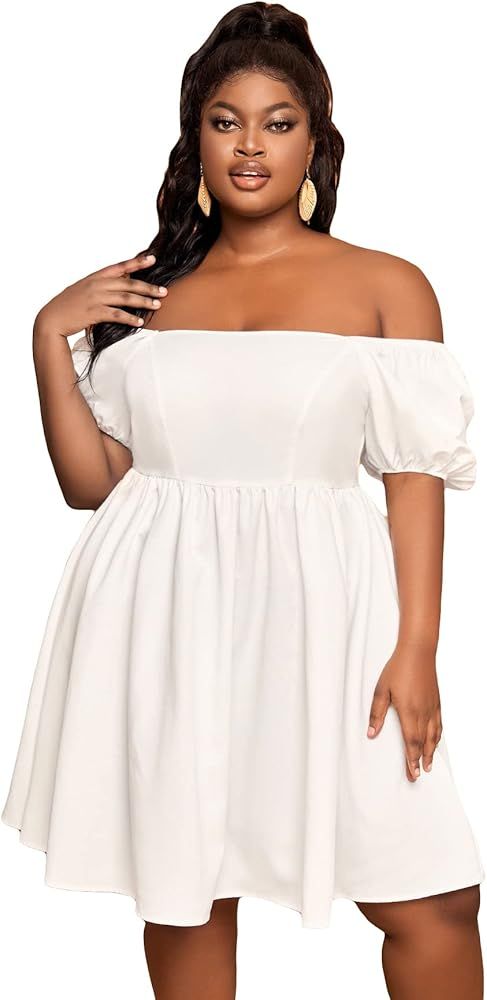 SOLY HUX Women's Plus Size Off Shoulder Puff Short Sleeve High Waist A Line Swing Dress | Amazon (US)