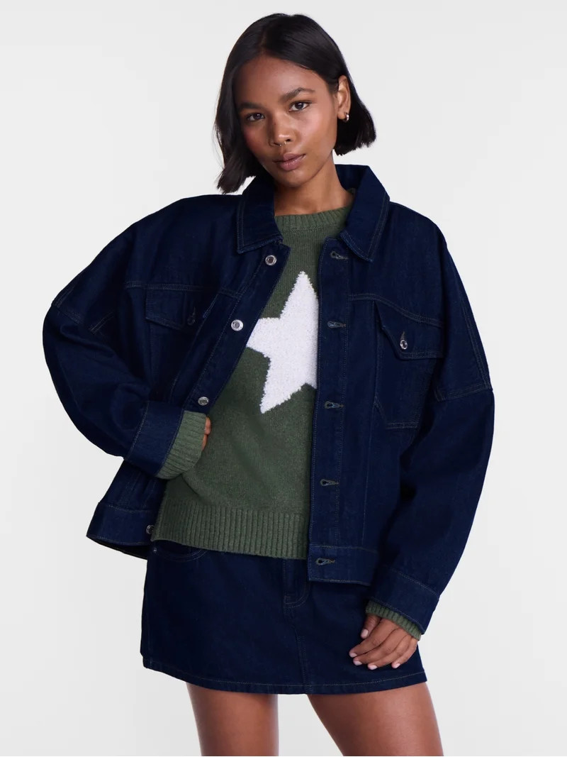 No Boundaries Oversized Denim Cotton Jacket, Women\u2019s XXS-4X | Walmart (US)
