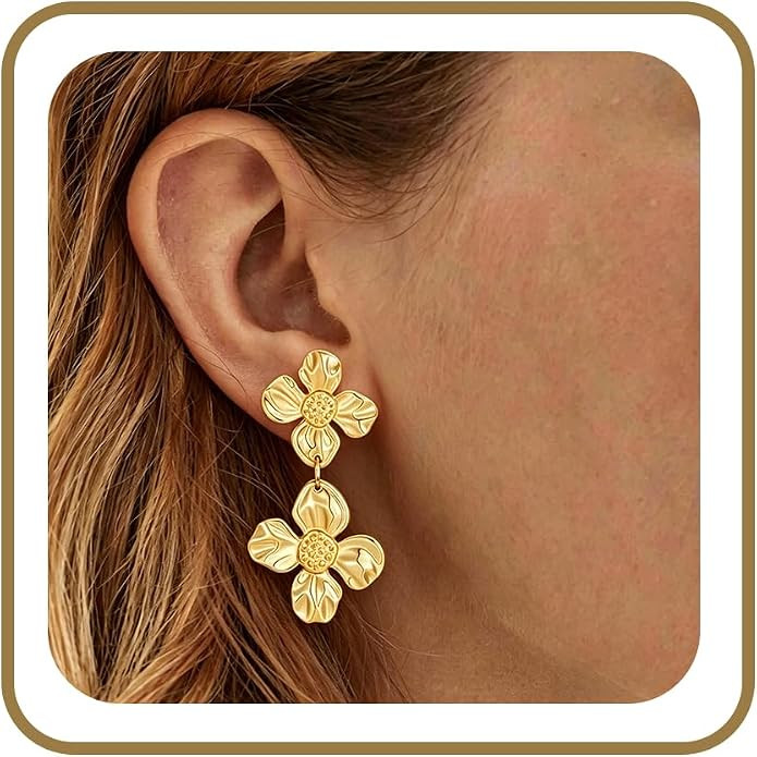 Chunky Gold Statement Earrings for Women Trendy 14K Gold Plated Dangle Earrings Sectored Flower L... | Amazon (US)