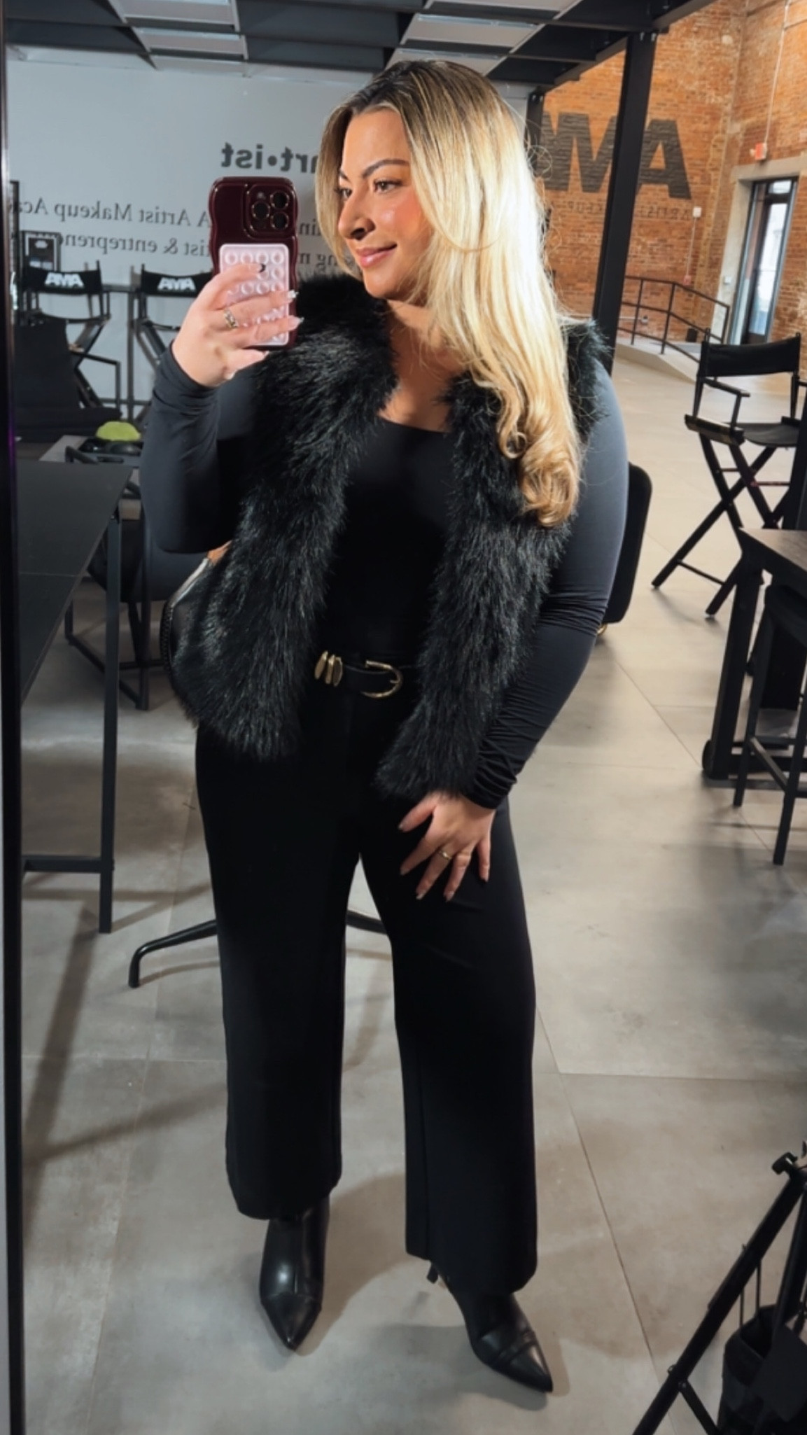 Day 2: Work OOTD
- basic women’s scoop neck bodysuit 
- faux fur vest
- women’s trousers 
- black and gold accent belt
- pointed toe boot with three inch heel 

Work chic | makeup artist | hair stylist | all black outfit | professional 


#LTKWorkwear #LTKSaleAlert #LTKspringtrends