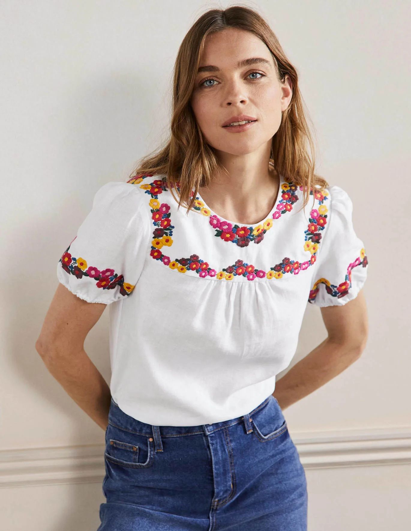 Embroidered Linen Top - White | Boden (US)