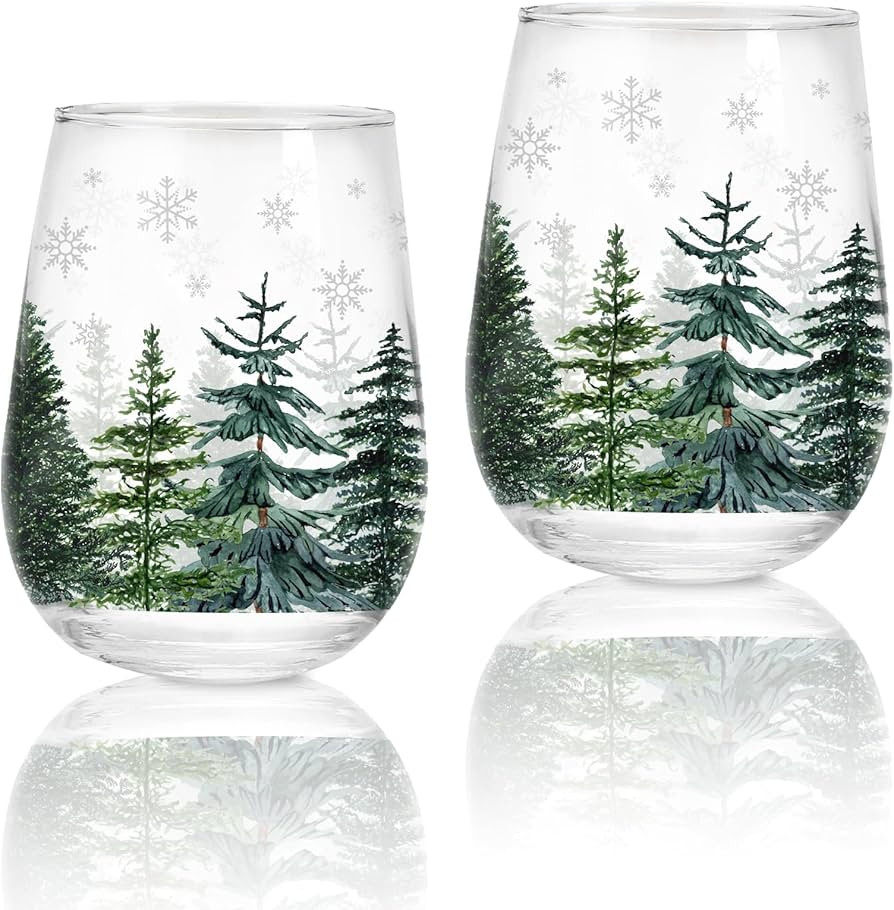 Whaline 2Pcs Christmas Stemless Wine Glasses 17oz Christmas Tree Snowflake Drinking Glasses Water... | Amazon (US)
