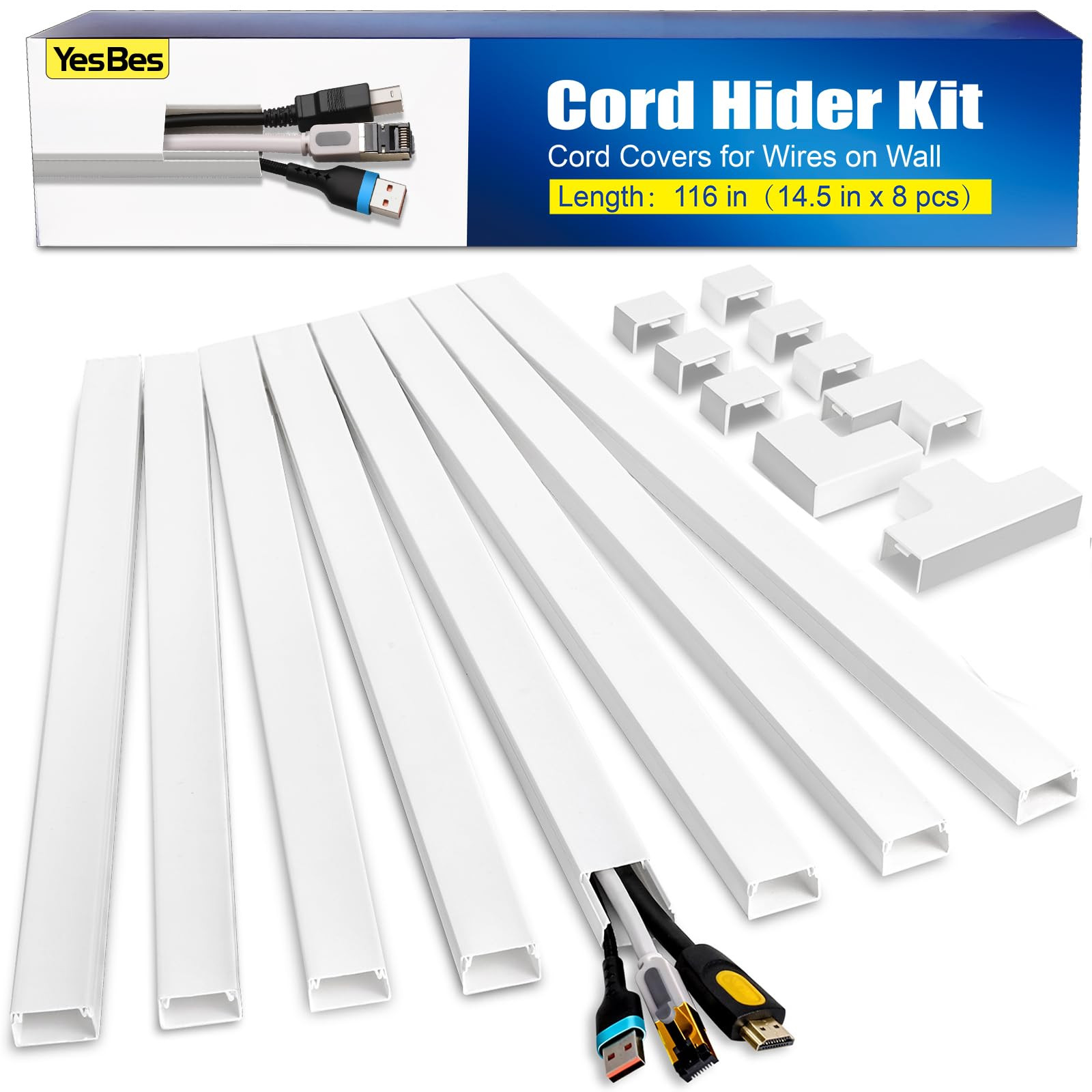 116in Cord Hider Kit, Cord Covers for Wires on Wall, Paintable Cable Raceway, Cord Hider for Wall... | Amazon (US)