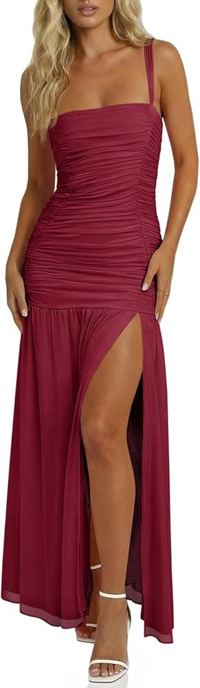 Wenrine Womens Summer Sleeveless Maxi Dress Mesh Ruched Spaghetti Strap Wedding Guest Split Forma... | Amazon (US)