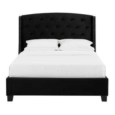 1pc Queen Size Upholstered Panel Bed Wing Back Headboard Button Tufted Nail-head Trim Black Wood Fabric Bedroom Furniture | Wayfair North America