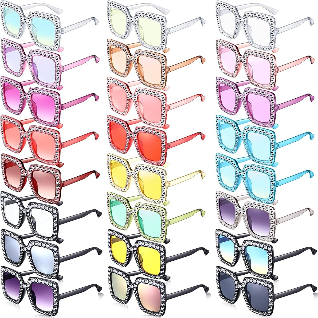 Chuangdi 24 Pcs Women Disco Sunglasses 70s Rhinestone Crystal Sunglasses Bulk Large Square Sparkl... | Amazon (US)