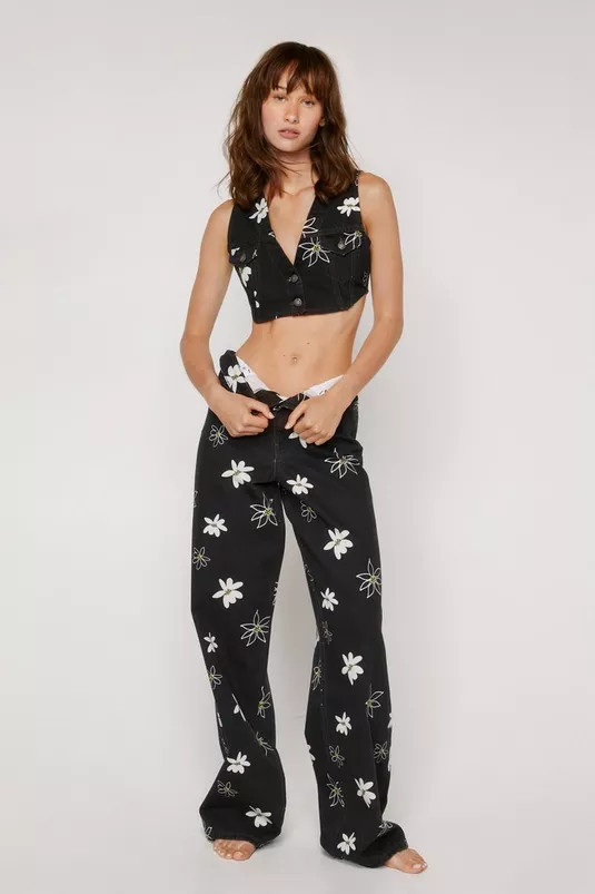 Daisy Print Denim Button Down Crop Top | Nasty Gal (US)