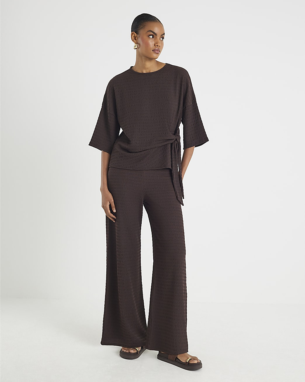 Brown Textured Wide Leg Trousers | River Island UK & IE
