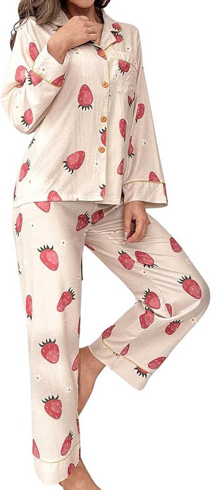 Verdusa Women's 2 Piece Cherry Print Pj Set Button Up Long Sleeve Tops and Pants Sets | Amazon (US)