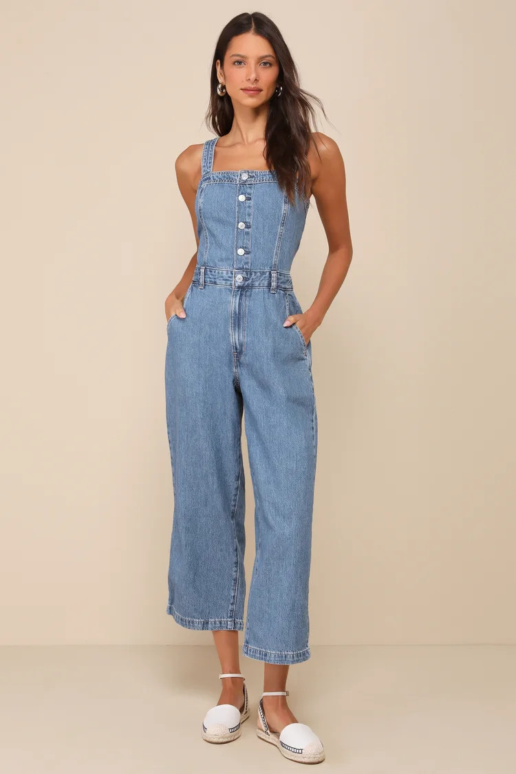Drea Medium Wash Button-Front Sleeveless Denim Jumpsuit | Lulus