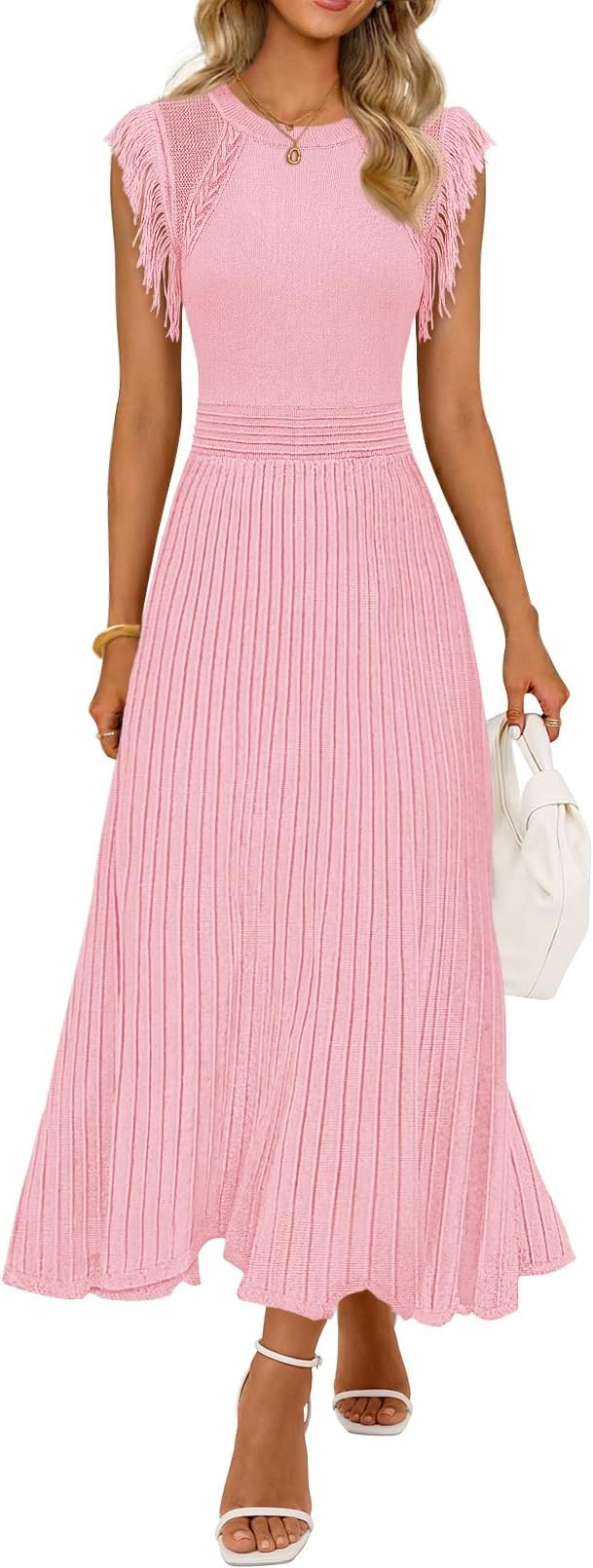 MEROKEETY Summer Sleeveless Casual Midi Dress 2026 Spring A Line Fringe Flowy Pleated Business Wo... | Amazon (US)