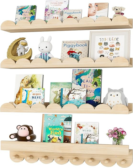 24 Inch Nursery Book Shelves with Hooks, 4-Pack Floating Shelves for Wall, Scalloped Shelves, Wal... | Amazon (US)