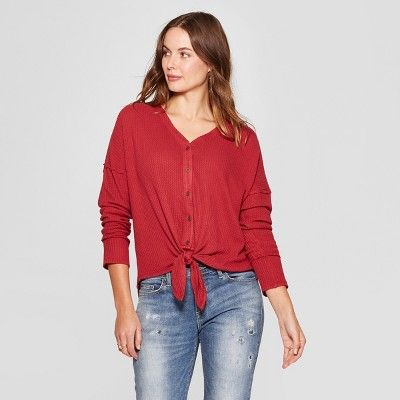 Women's Long Sleeve Waffle Knit Tie Front Blouse - Knox Rose™ | Target