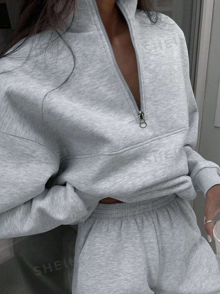 SHEIN x Carly Lawrence SHEIN EZwear Women's Half Zipper Hoodie And Jogger Pants Two Piece Set | SHEIN