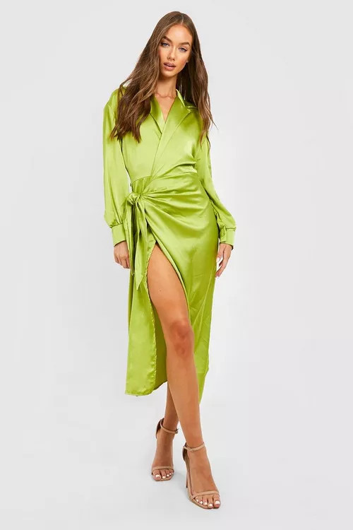 Satin Wrap Split Sleeve Shirt Dress | Boohoo.com (US & CA)
