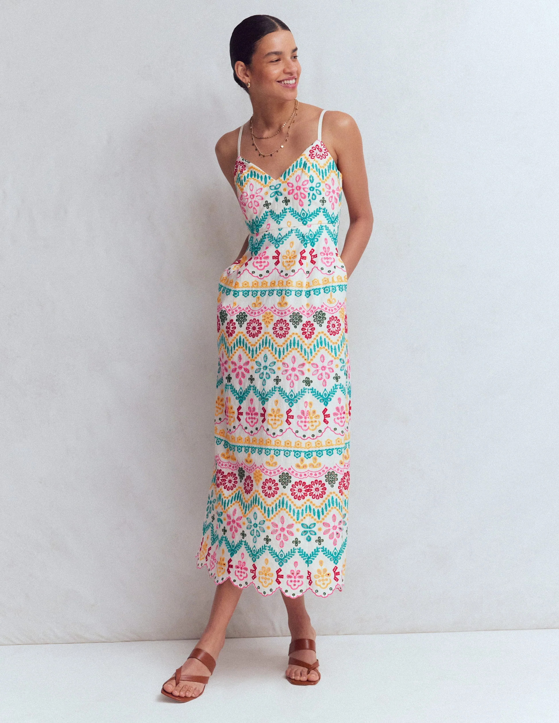 Empire Linen Broderie Dress-Multi Broderie | Boden (US)