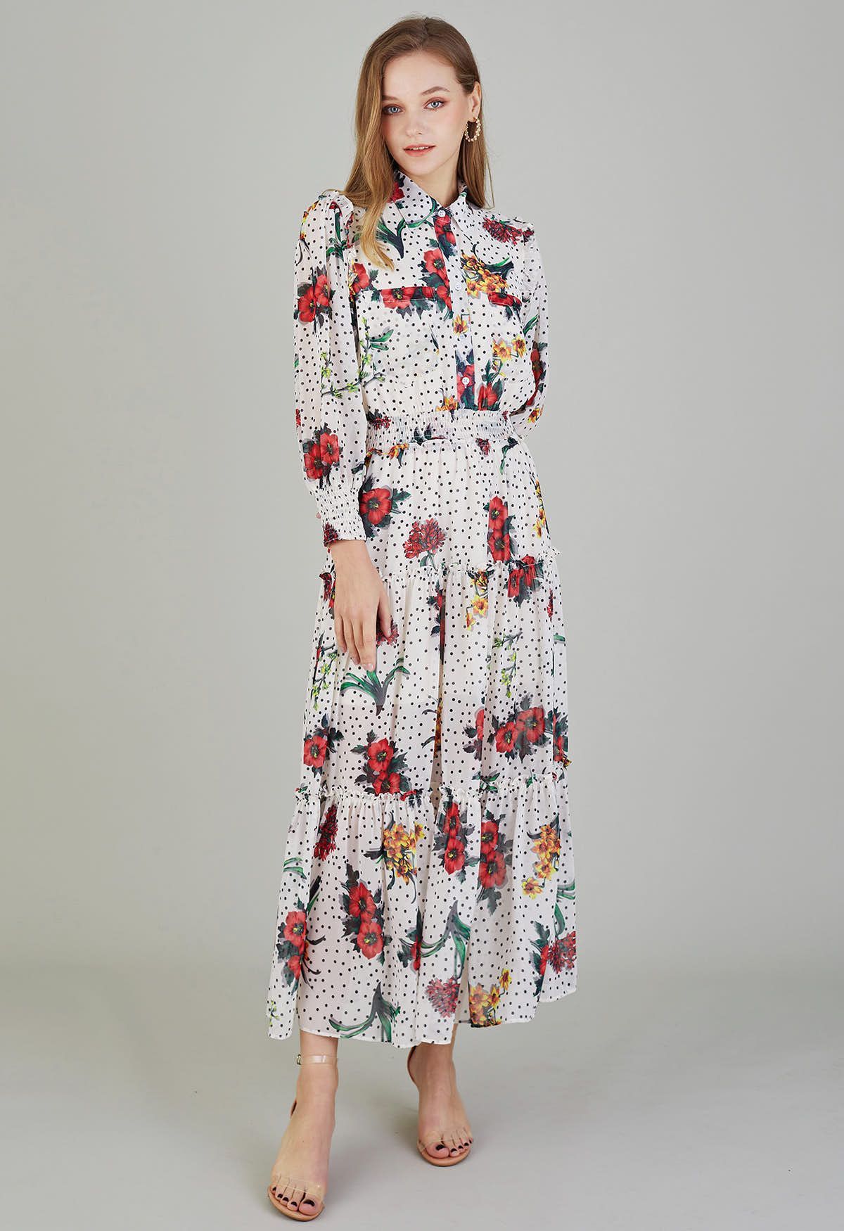 Polka Dot Floral Printed Chiffon Maxi Dress | Chicwish