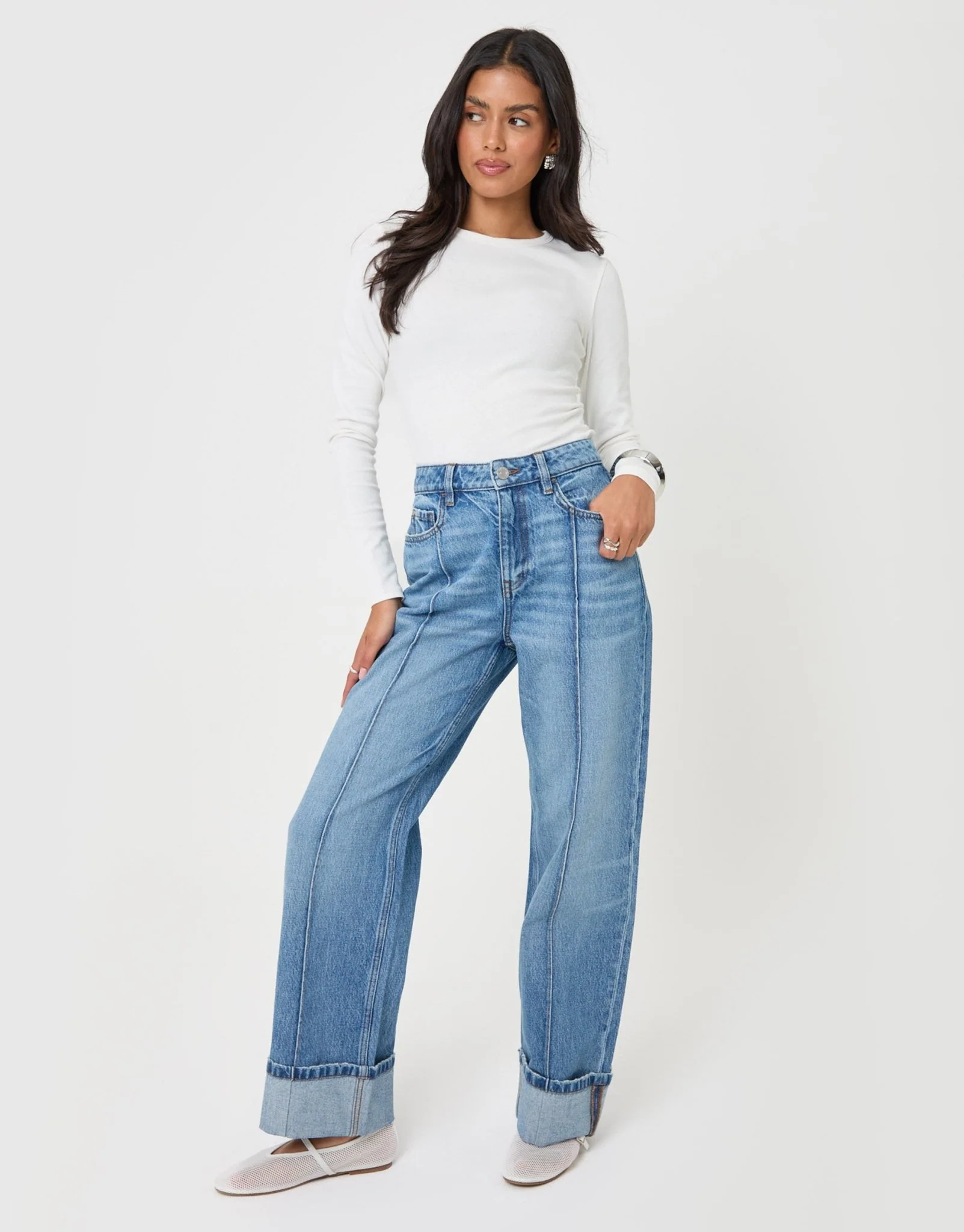 Wide Leg Turn Up Jeans in Mid Wash | Threadbare UK