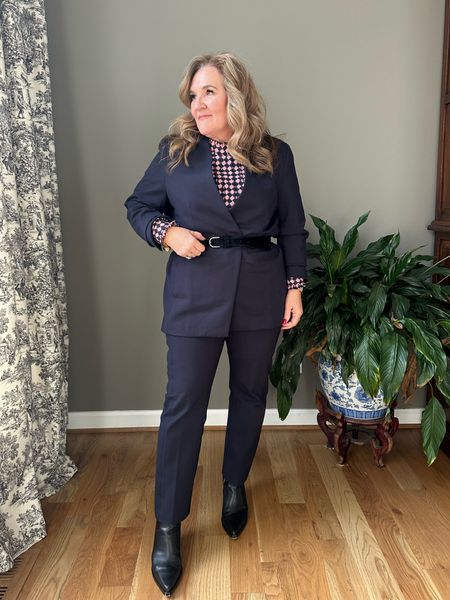 Sunday style! Wore a suit to church today. It’s navy but you can also get the pieces in black. The blazer is oversized. I like to wear it belted for more tailored look. Wearing an XL IN BLAZER. XL PETITE in pants. 10% off and free shipping with code NANETTEXSPANX 

WORK OUTFIT navy suit office outfit ideas  

#LTKmidsize #LTKover40 #LTKworkwear