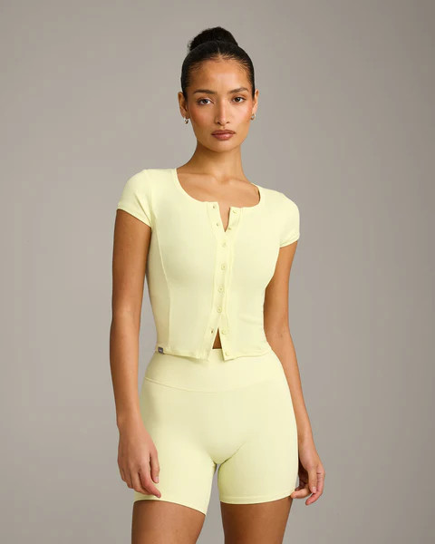 Mellow™ Rib Mid Short Sleeve Cardigan 
 Pastel Yellow | Oner Active (UK / US)
