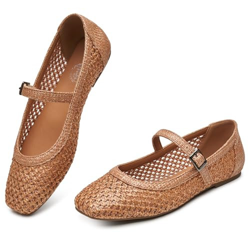 Trary Mary Jane Shoes Women Woven Flats for Women Ballet Flats Shoes Squared Toe Mary Jane Flats Ankle Strap Dressy Comfortable Brown Size 7 | Amazon (US)