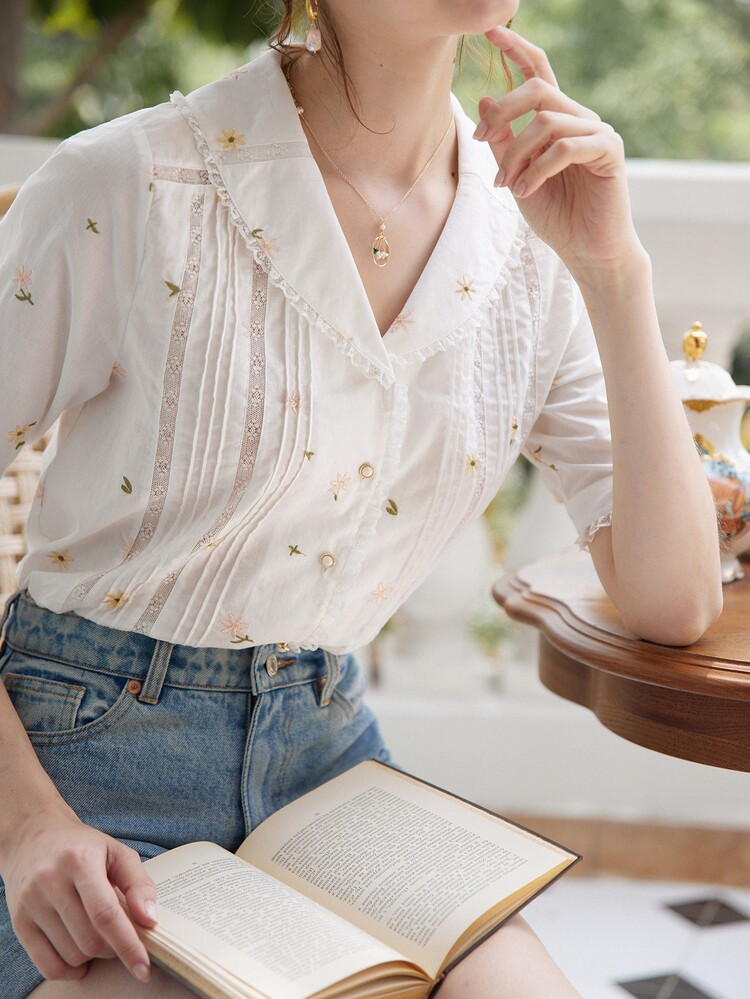 Simple Retro Floral Embroidery Button Front Contrast Lace Shirt | SHEIN