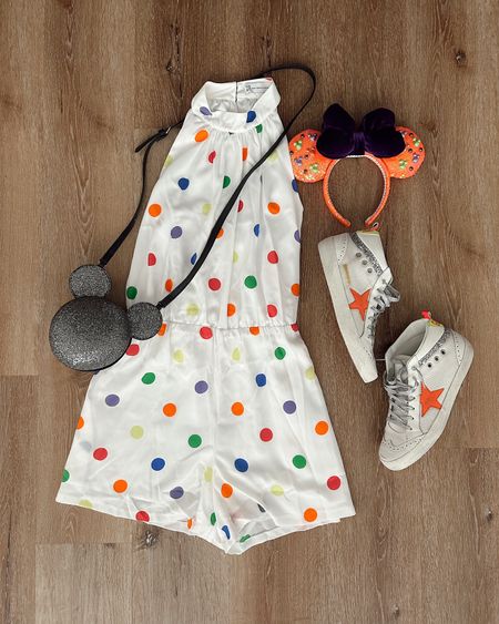 In a medium rainbow dot romper from ny & co, Mickey Mouse bag, Minnie ears and GG sneakers for Disney world trip. 

#LTKstyletip #LTKSeasonal #LTKshoecrush