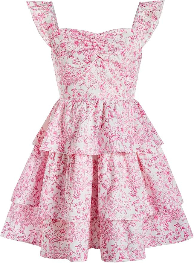 RoseSeek Girl's Floral Summer Dress Ruffle Shirred High Waist Ruched Sweetheart A Line Spring Dre... | Amazon (US)