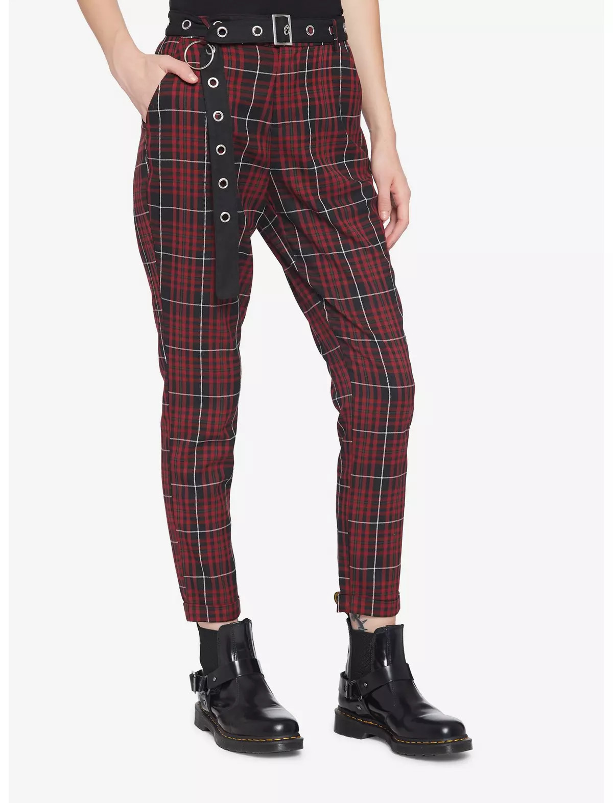 Merlot Plaid Grommet Belt Pants | Hot Topic