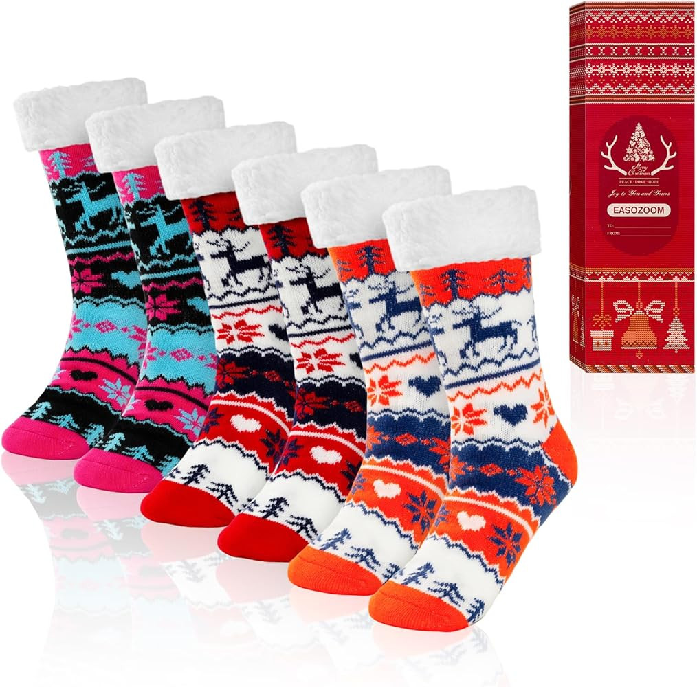 3 Pairs Christmas Fuzzy Warm Slipper Socks for Women,Soft Sherpa Fleece Lining Socks with Gripper... | Amazon (US)