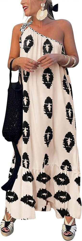 PRETTYGARDEN Women's Summer One Shoulder Maxi Dresses Printed Flowy Boho Beach Vacation Long Sund... | Amazon (US)