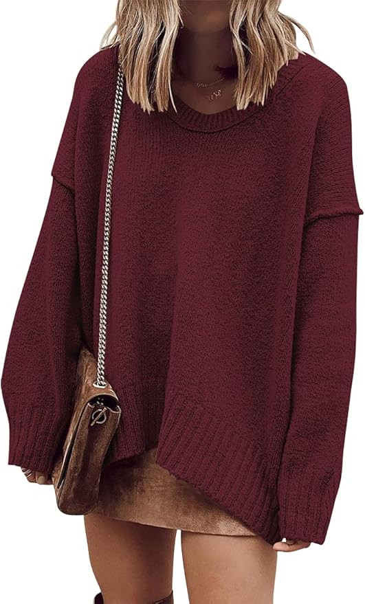 ANRABESS Women's Oversized Casual Loose Slouchy Scoop V Neck Batwing Long Sleeve Knit 2024 Fall P... | Amazon (US)