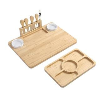11 in. Natural Bamboo Charcuterie Cheese Board Set with Magnetic Knife, Removable Knife Block and Ceramic Bowls | The Home Depot