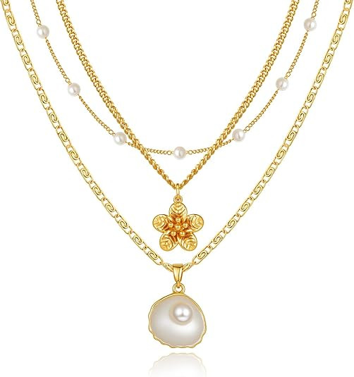 Charm Necklaces for Women,14k Gold Plated Waterproof Dainty Choker Necklace Summer Seashell Pearl... | Amazon (US)