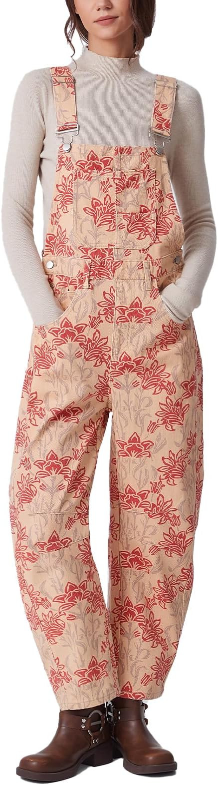Amazon.com: D-Sun Women's Floral Printed Denim Overall Straight Wide Leg Bib Adjustable Straps Ba... | Amazon (US)