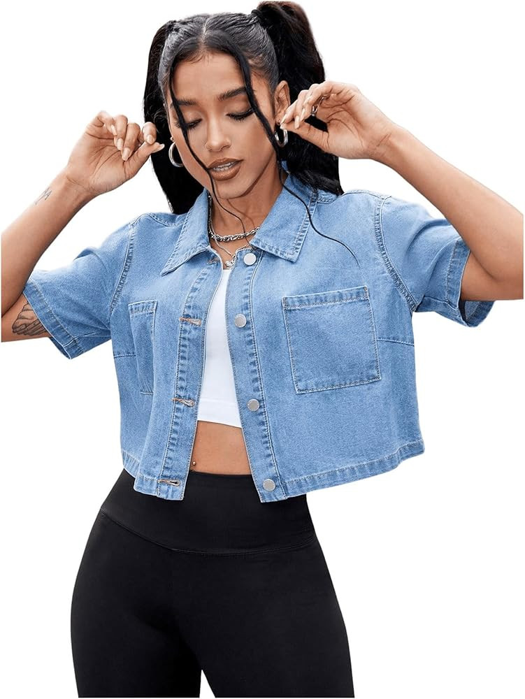 Verdusa Women's Button Down Denim Crop Shirts Short Sleeve Blouse with Pockets | Amazon (US)