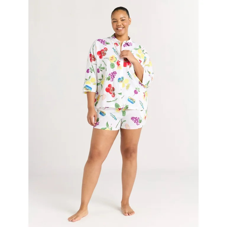 Joyspun Women’s Woven ¾ Sleeve Notch Collar Top and Boxer Shorts Pajama Set, Sizes XS-3X | Walmart (US)