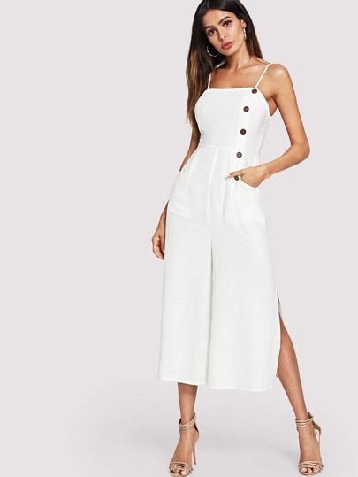 Button and Pocket Front Slit Wide Leg Jumpsuit | SHEIN