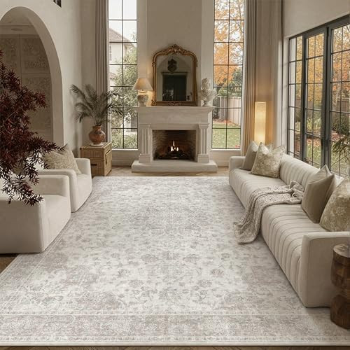 9x12 Area Rug Washable Neutral Beige Vintage Living Room Bedroom Carpet Non Slip Low Pile Soft Fl... | Amazon (US)