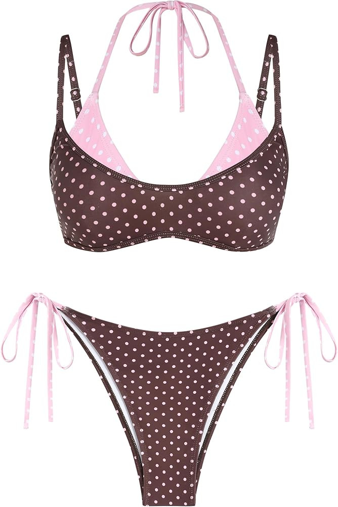Amazon.com: ZAFUL Women's Polka Dot Bikini Set Double Layer Halter Swimsuit Colorblock Side Tie 2... | Amazon (US)