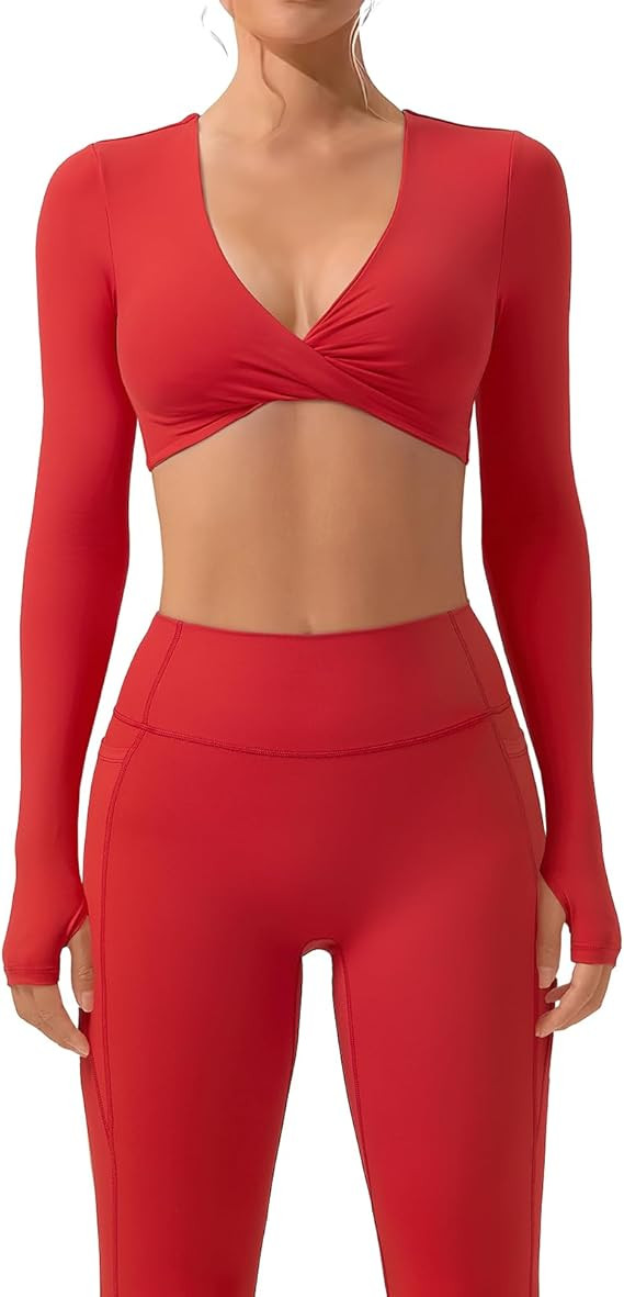 SUUKSESS Women 2 Piece Workout Sets Long Sleeve Twist Deep V Crop Padded Tops Yoga Leggings with ... | Amazon (US)