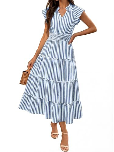 Caracilia Womens Summer Maxi Dresses Casual V Neck Cap Sleeve Gingham Striped Dress Flowy Tiered ... | Amazon (US)